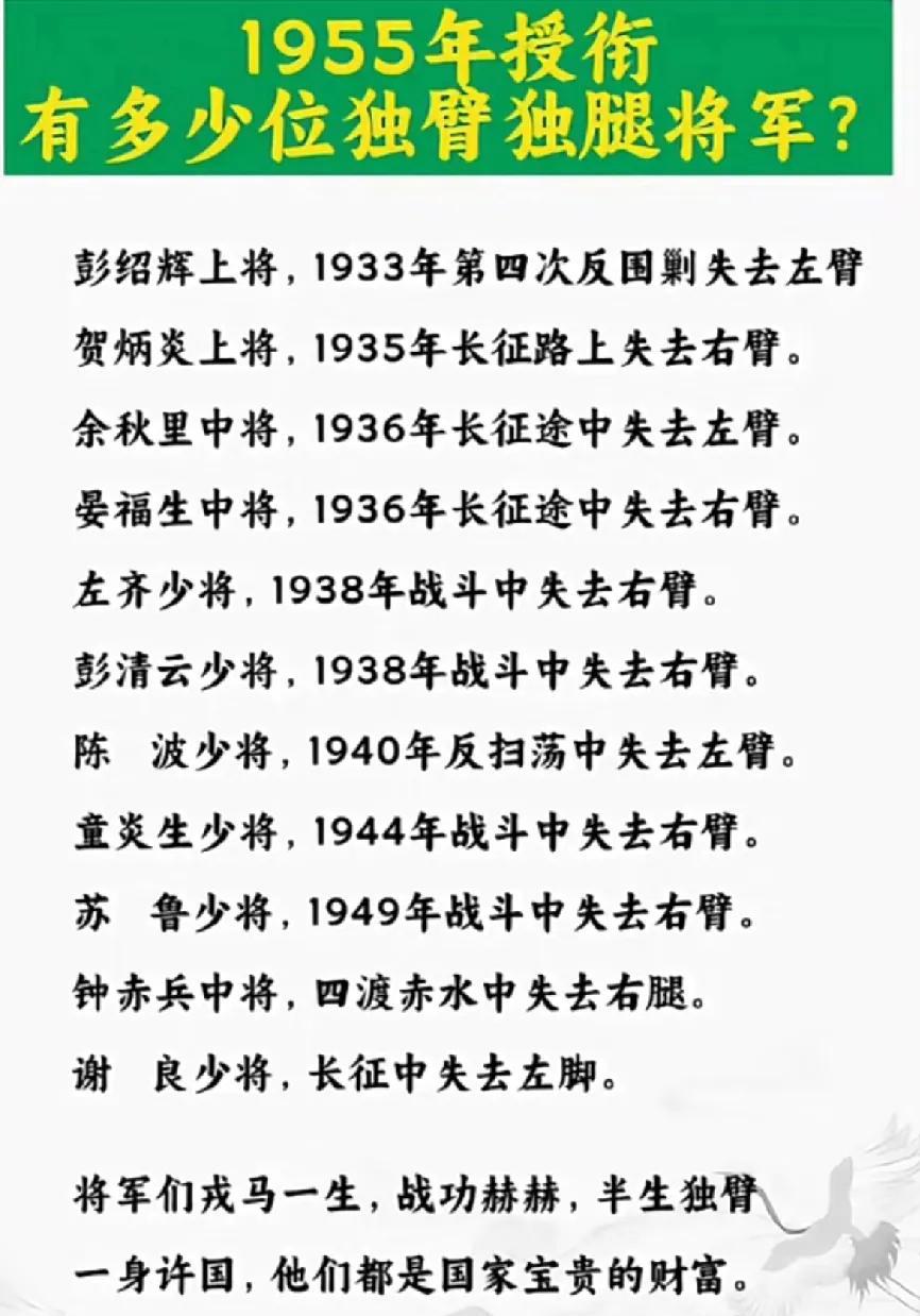 1955年授衔时的独臂独腿将军一览表
        1955年是我国一个重要日