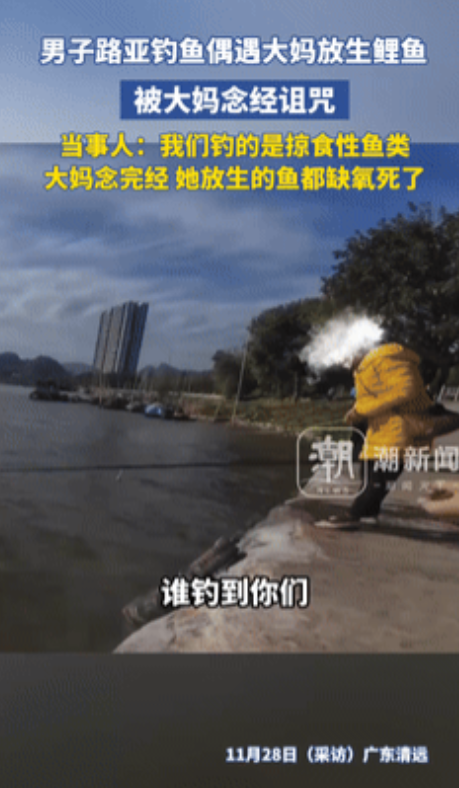 2024年11月广东，小伙钓鱼时偶遇一大妈正在放生鲤鱼，还遭到对方念佛经“诅咒”