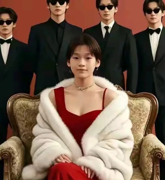 这张照片让人眼前一亮，主要是后面四位保镖帅哥，抢了美女的风头，有点喧宾夺主了