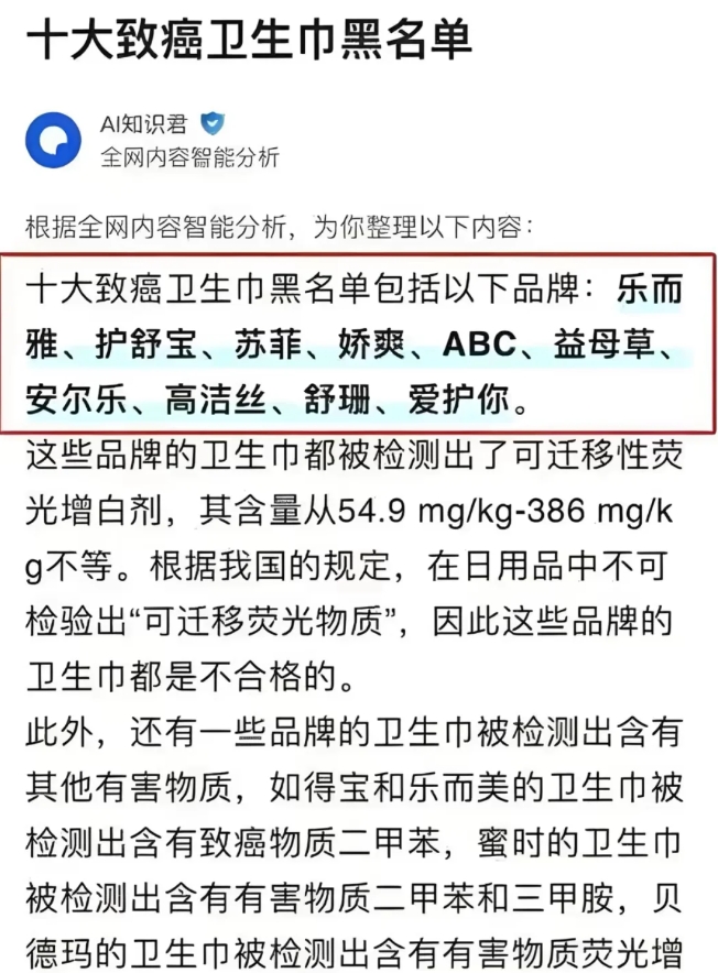 十大黑心棉卫生巾黑名单！
姐妹们，拿出你们的卫生巾看一下有没有？