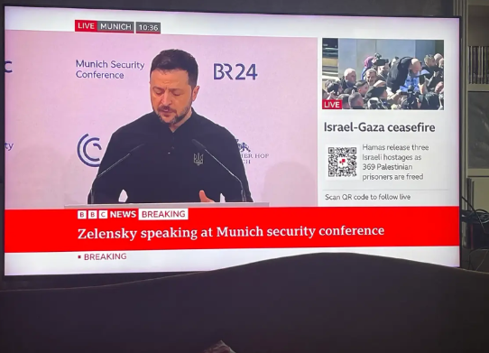 BBC对泽连斯基在慕尼黑安全会议演讲的直播：看了很有感触。其一，欧洲必须有自己的