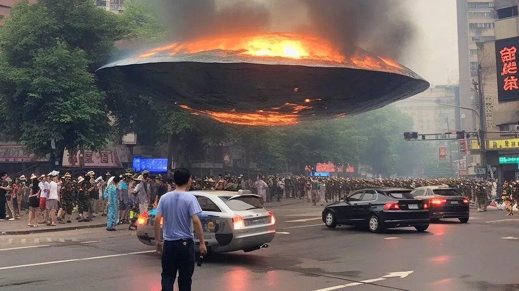 3079年后的某一天，UFO飞碟空降小镇上，吓坏居民！