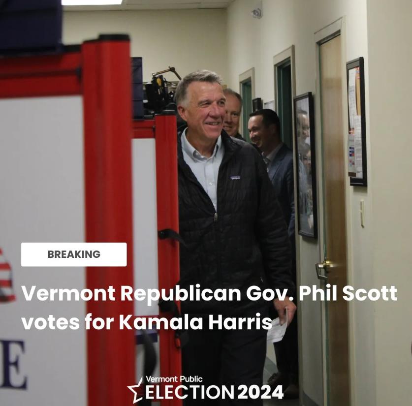 突发新闻：共和党州长投票给了哈里斯。美国佛蒙特州共和党籍州长菲尔·斯科特告诉记者