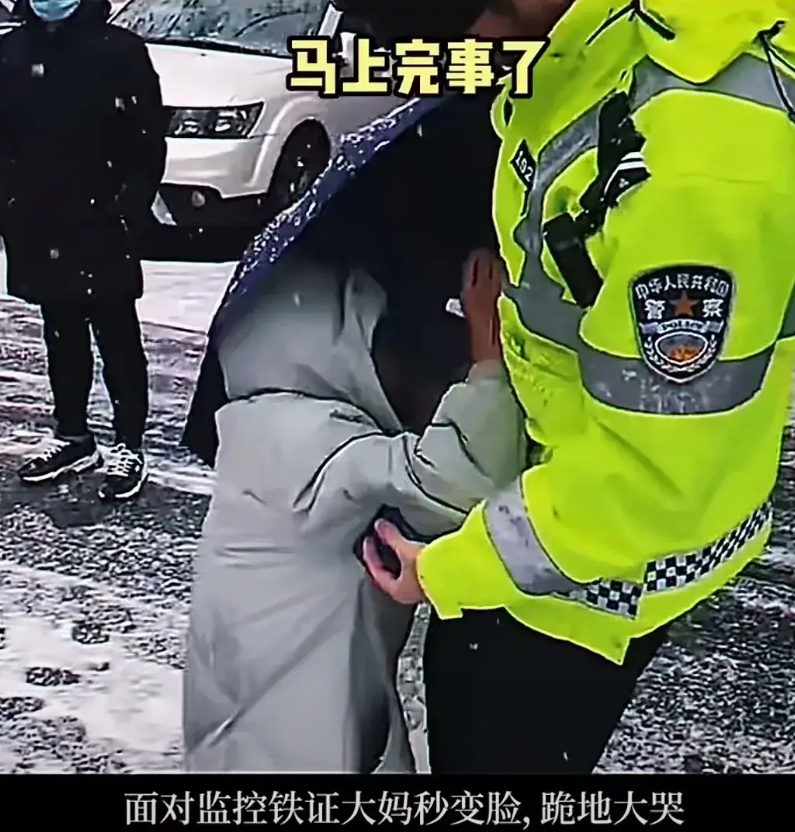 大妈故意撞车碰瓷，想拿赔偿！结果，拿到的是跪地求饶，嚎啕大哭，讨饶放过她。
交警