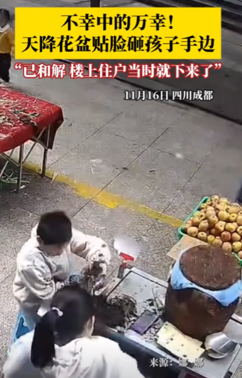 不幸中的万幸！两个小孩子在楼下正坐着帮妈妈看摊子，突然，一个花盆从楼上掉了下来，