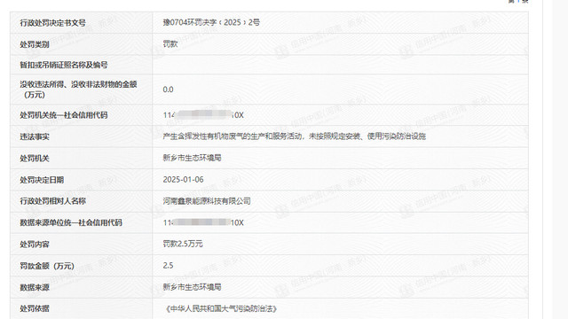 河南鑫泉能源科技有限公司违反大气污染被处罚25000元！