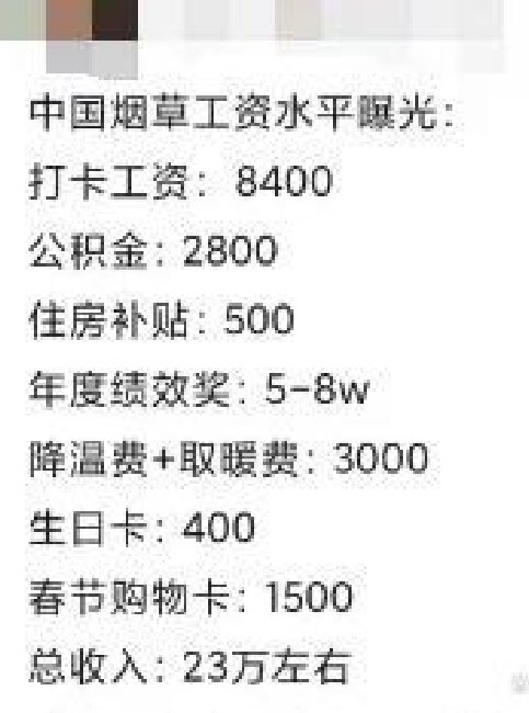 近日社交媒体上流出一张收入截图，据说是湖南烟草公司某普通员工的全年收入待遇。
1