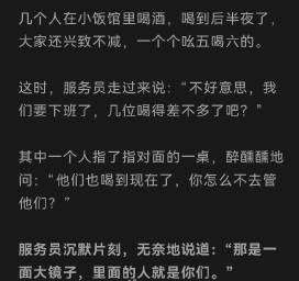 深夜喝酒众人醉，错把镜中当他人