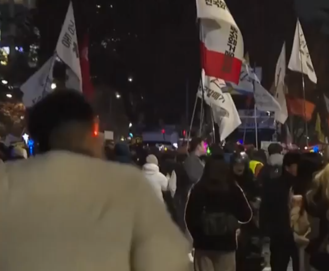 数百名韩国示威者12月11日当地时间晚间在首尔国会大厦外集结