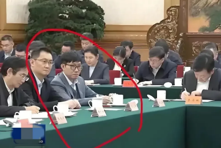 座谈会上，马化腾和梁文锋坐一块，二人是广东老乡，抿着嘴，有点可爱，一个是70后，