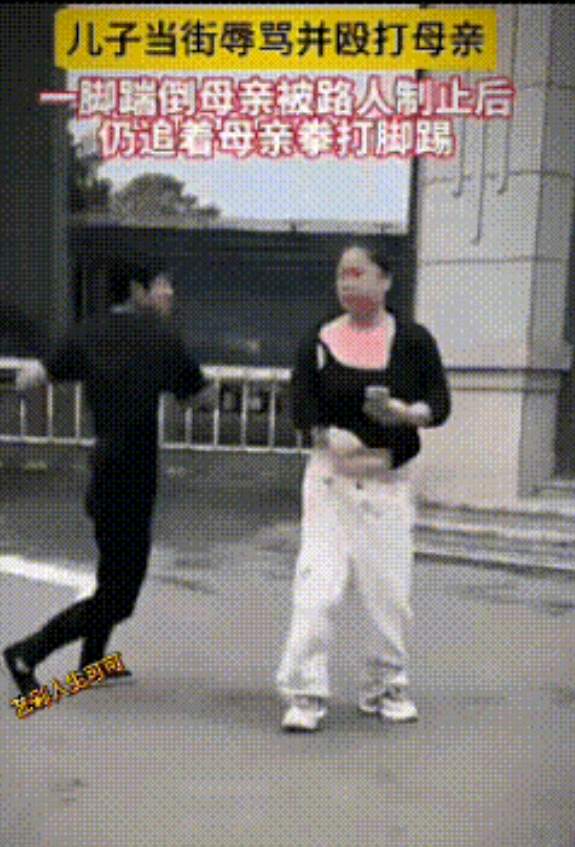 儿子打母亲，大逆不道！
 儿子当街辱骂并殴打母亲 。母亲站在原地，儿子远远跑来，