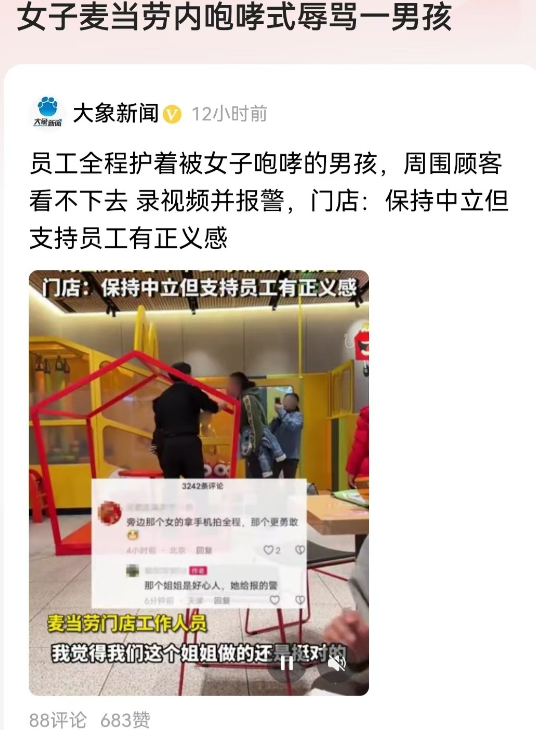 天津，男孩带弟弟在麦当劳公共区域玩耍，一女子认为男孩妨碍她孩子了，咆哮大吼教育男