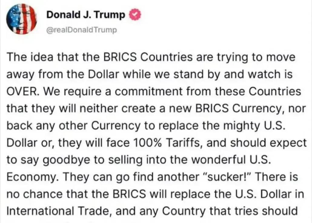 近日，前美国总统唐纳德·特朗普发表声明，强烈警告金砖国家（巴西、俄罗斯、印度、中