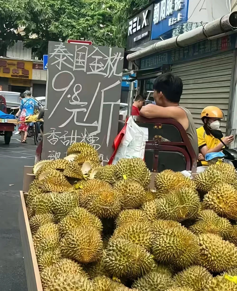 现在榴莲这么便宜了吗？
刚出去吃饭时，在路上遇见的一个小哥
拉着一车榴莲在叫卖。