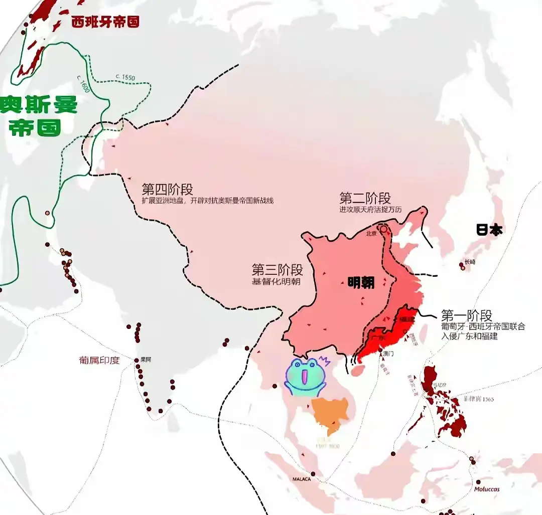 16世纪末西班牙人制定的征服明朝三部曲计划，他们是真敢想。
第一步，联合在澳门的