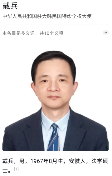 重量级外交官戴兵出任驻大韩民国特命全权大使。在韩国政坛波涛汹涌、乱云飞渡之际，我
