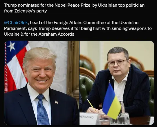 泽连斯基所在政党的一名高级成员提名特朗普为诺贝尔和平奖候选人。
理由是特朗普首现