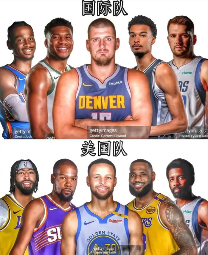 NBA美国球星PK国际球星，谁更强？

美国队：詹姆斯、库里、杜兰特、浓眉、塔图