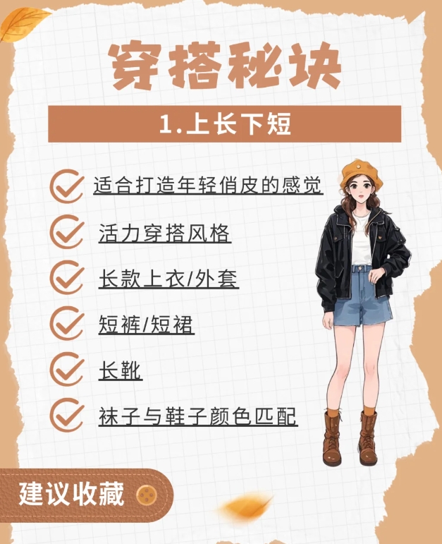 八个可以直接抄的穿搭技巧！从此穿衣不愁！

1.上长下短：适合打造年轻俏皮的感觉