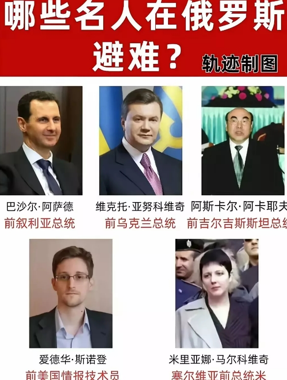 在俄避难的某些国家前领导人及反美斗士 ，原来这么多！
不拔不知道，一扒拉吓一跳，