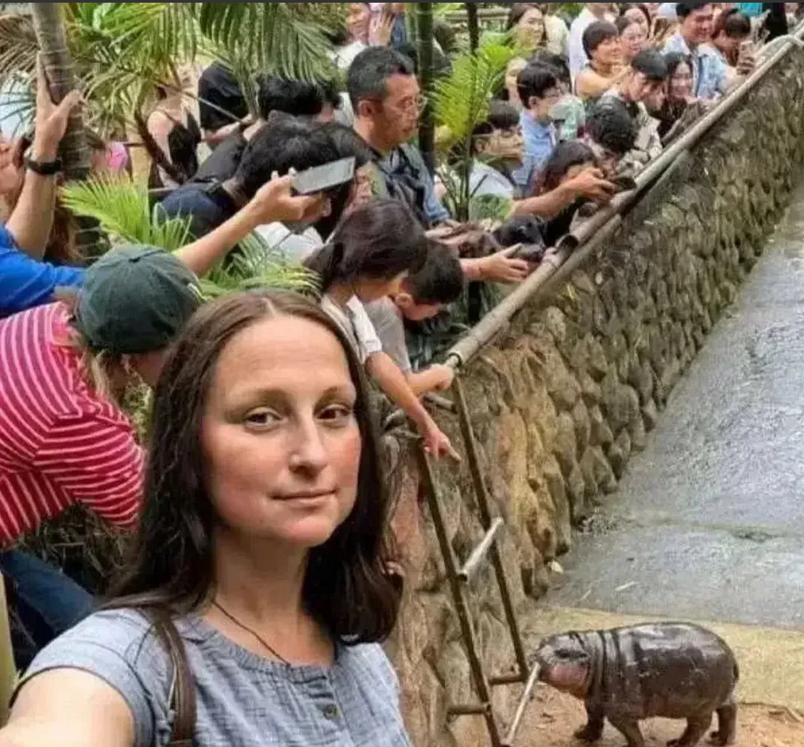 一名国外女子到中国某动物园观看河马，女子第一次看见河马兴奋地自拍发布到网上，谁知