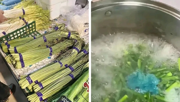 那蓝色的是硫酸铜，会对人的神经系统造成很大的伤害，蒜苔保鲜必喷硫酸铜，还有韭菜，