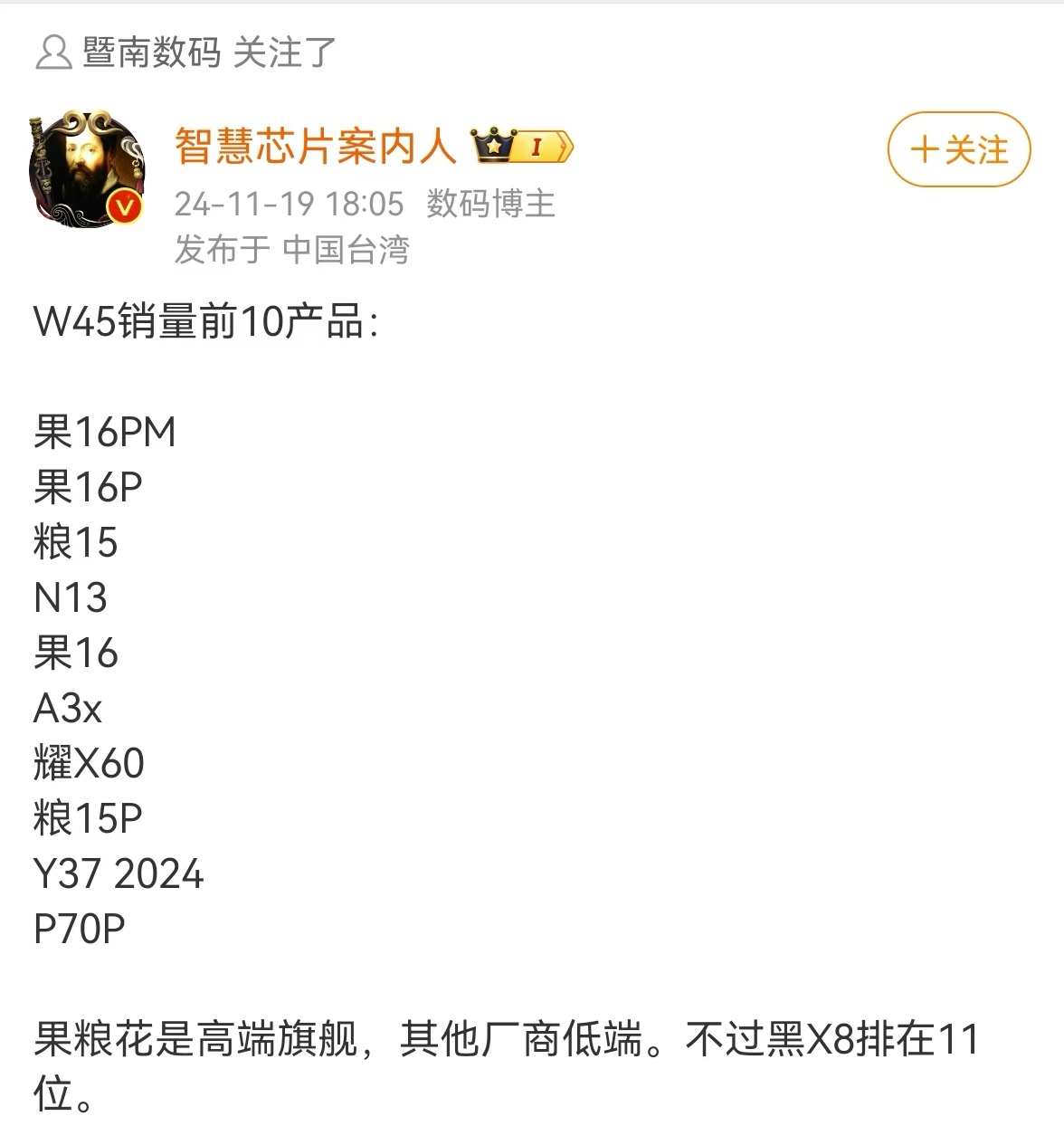 【2024第 45 周（11.4-11.10）国内单机型销量TOP10】
