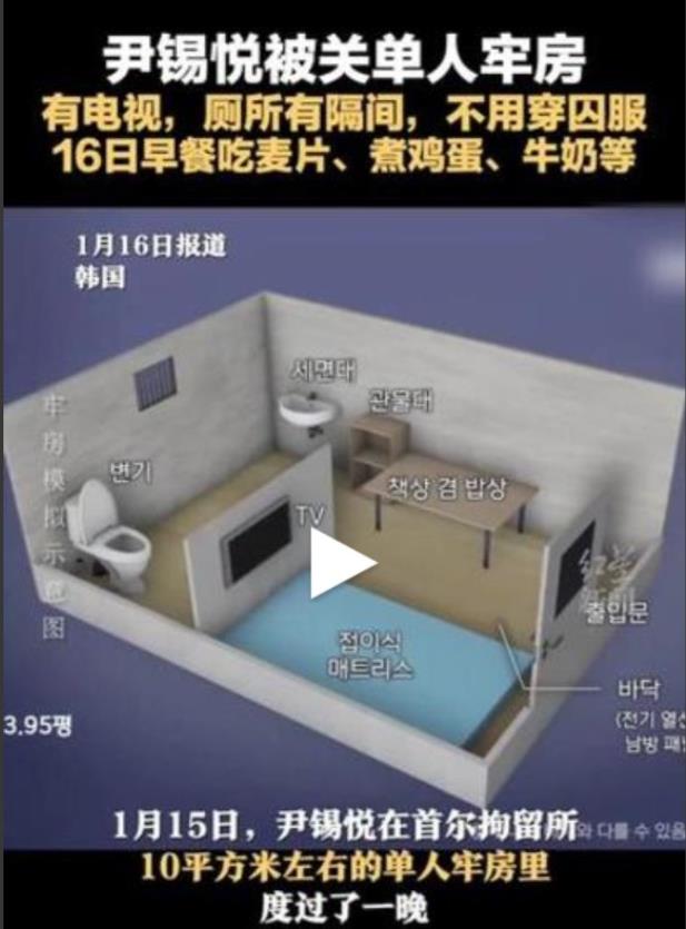 朝为大总统，暮为阶下囚，尹锡悦拘留所生活曝光：10平米单人间，能看电视，不用穿囚