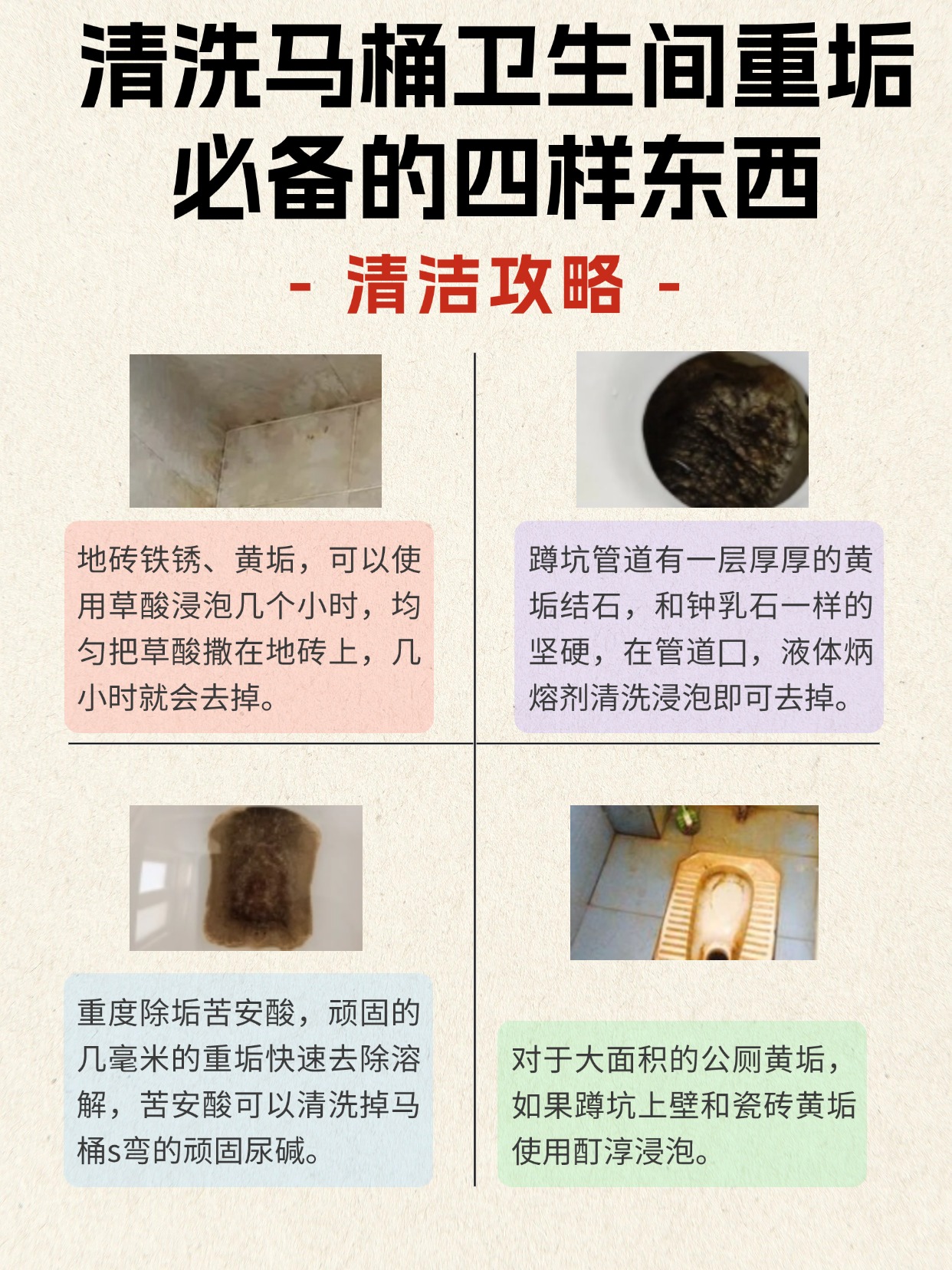 清洗马桶卫生间重度污垢必备的四样东西：轻松帮你解决瓷砖水垢、马桶s弯严重的尿碱、