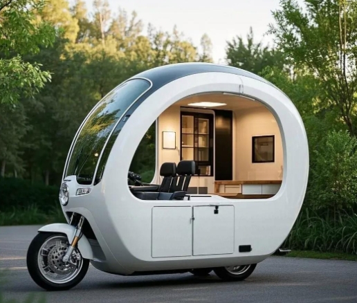 哇哦，移动的“梦幻小屋”三轮座驾来咯！（围着它转）这款摩托三轮电动车真的就像个精