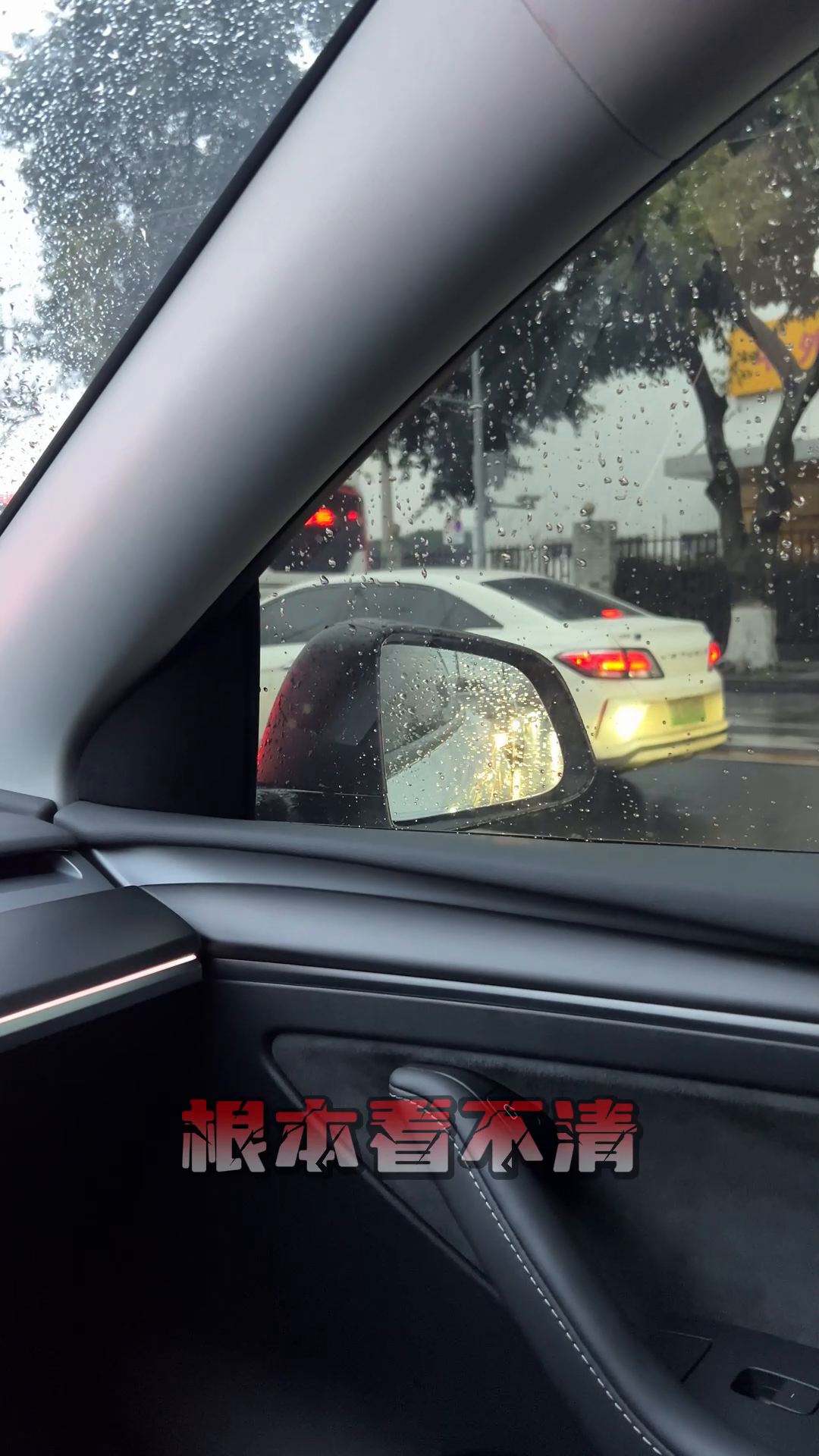 原车后视镜局限多，流媒体视野更开阔。
特斯拉一到下雨天，左右窗和后视镜挂水以后根
