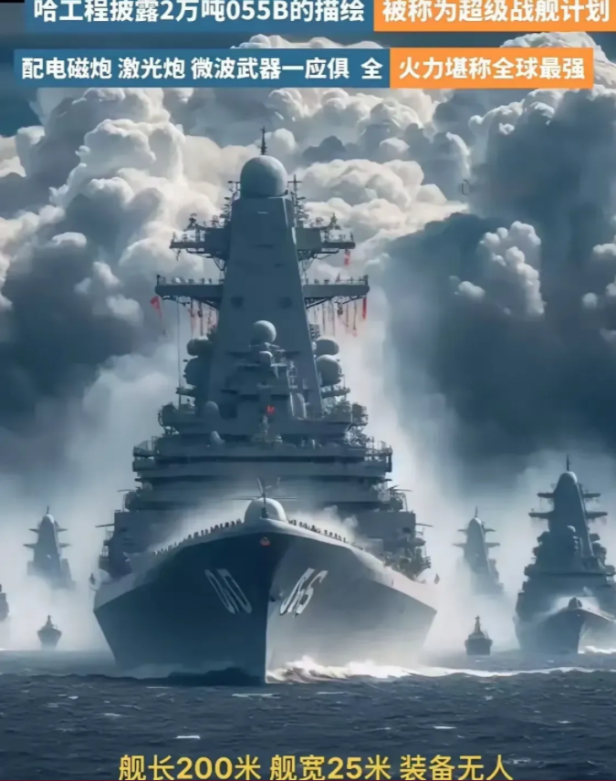 哈工程披露两万吨055B计划，配备电磁炮，激光炮，微波武器。一舰的火力顶得上一个