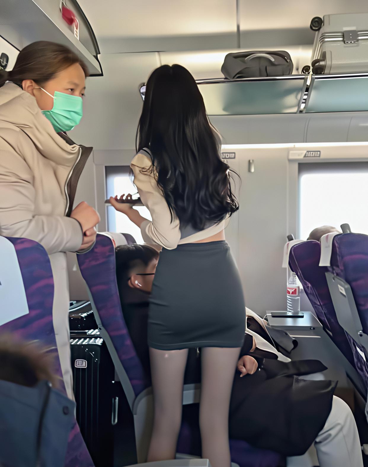 高铁上，我刚醒来，抬头一看，看到一个穿黑丝袜和制服的女生，瞬间就被吸引住了。她那