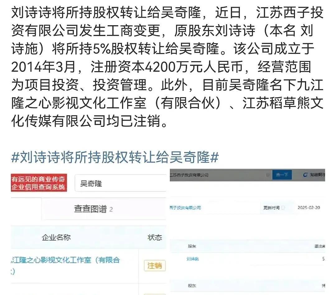 陈晓 陈妍希离婚，
网友扒出来刘诗诗把股权转让给了吴奇隆，这是要做财产分割了? 