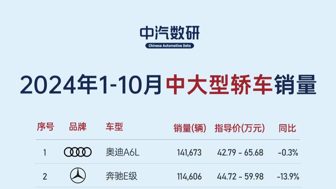 2024年1-10月中大型轿车销量排行榜
