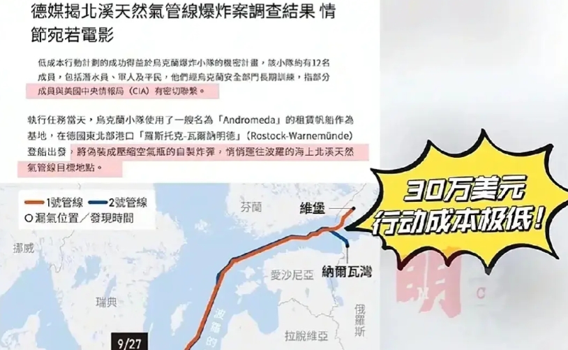 德国媒体:北溪管道爆炸案有美国情报局的身影。
据德国《明镜周刊》报道，北溪管道是