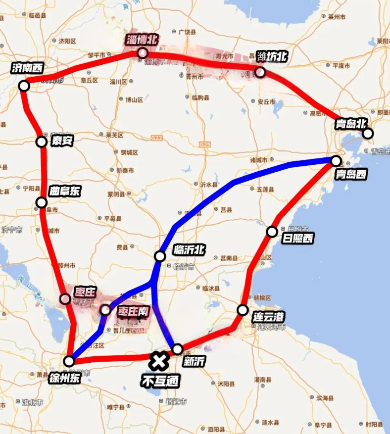 徐州至青岛高铁通道分析

徐州目前前往青岛主要有两条高铁路径，分别如下:
①徐连
