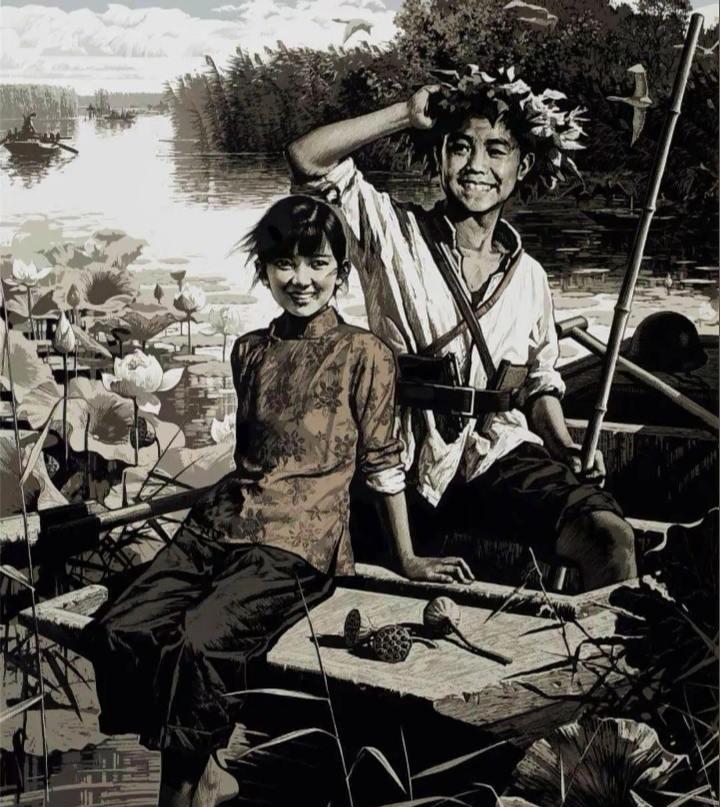 木刻画《白洋淀上》
童年的记忆：小兵张嘎与玉英