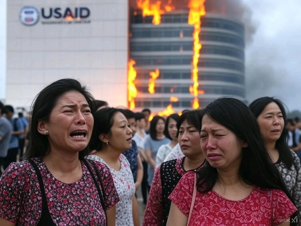 大批黄皮白心的华裔哭泣美国国际开发署关闭业务，他们都有一个中文姓氏和英文名。
