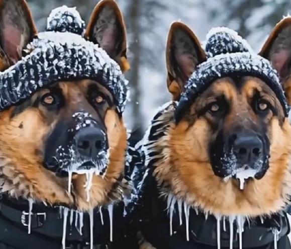 大家看看这张图，风雪里头那些警犬和边防战士们还在坚守着岗位呢。

雪下得这么大，