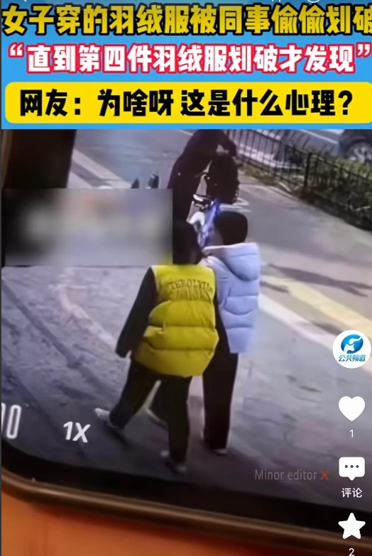 浙江，一女子陪着同事逛完街，回家却发现羽绒服竟然被人划破了，女子气愤至极，因为之