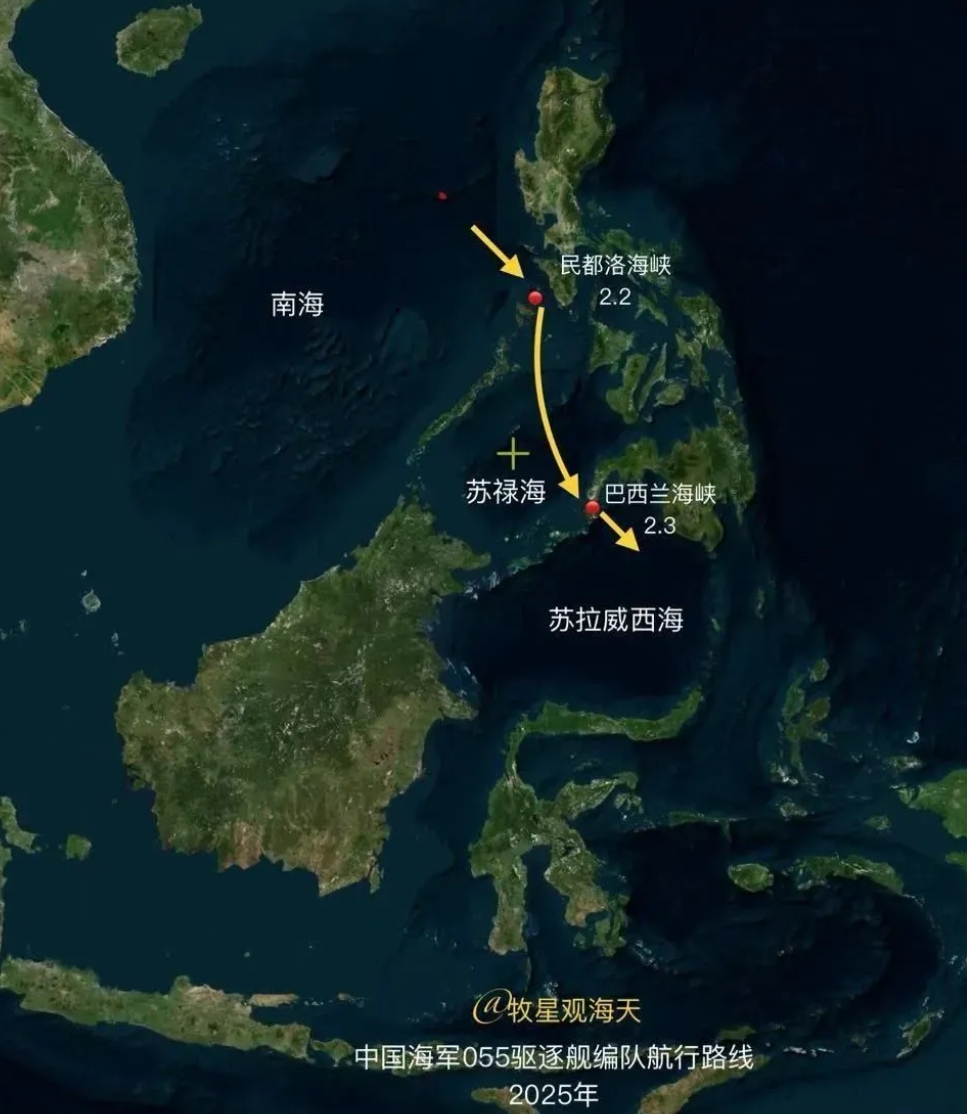 菲律宾求锤得锤啦！越折腾越害怕！中国海军055大驱带领2艘舰艇自由航行巴西兰海峡