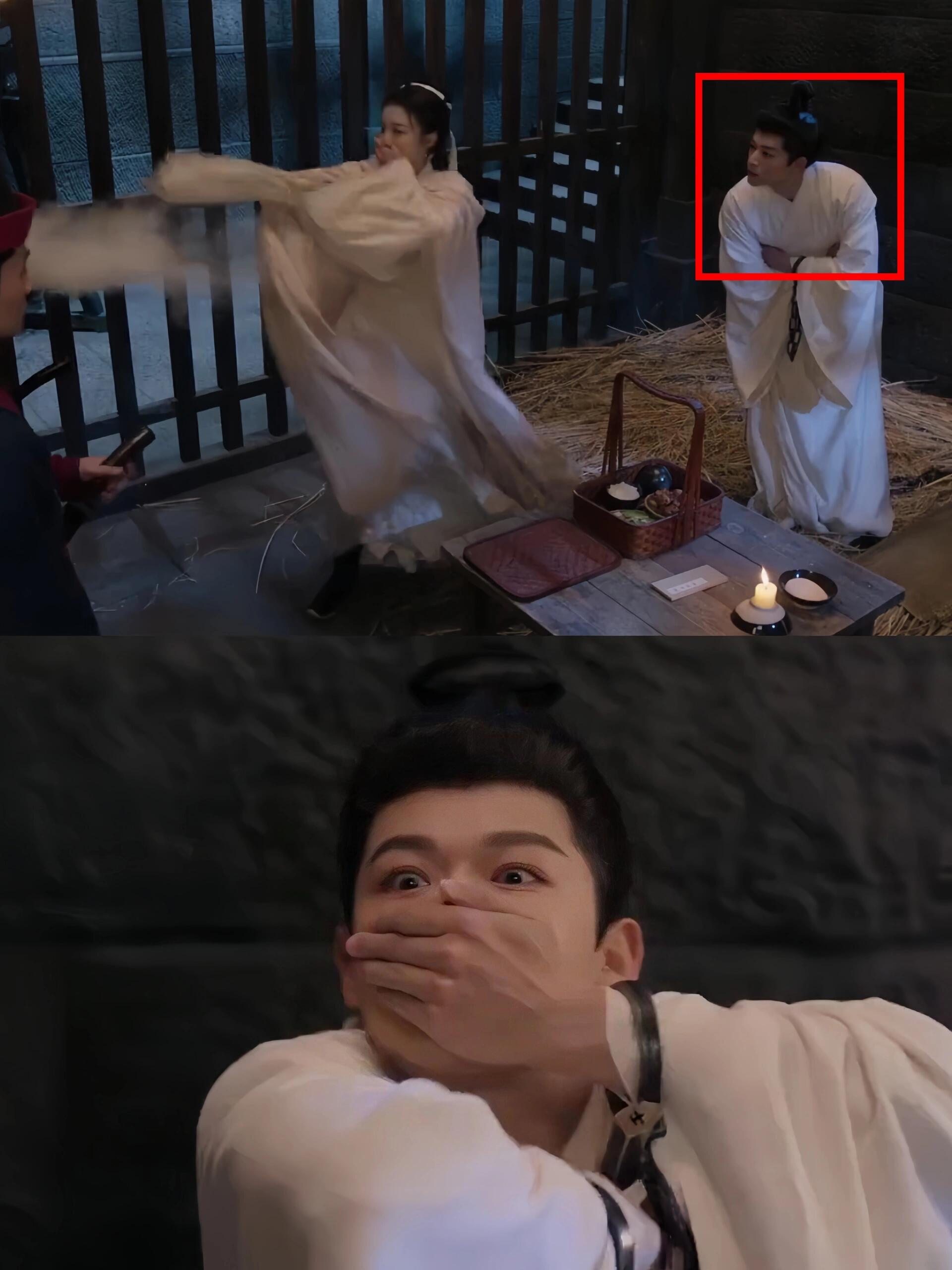 她自己捂好了嘴，傻夫君一个劲把脑袋往前凑