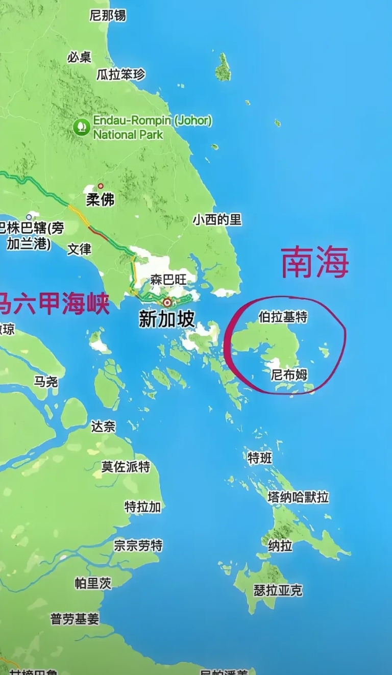 最近看南海地图时发现，在新加坡的东南部有一个大型的岛屿，其岛屿陆地面积竟然超过了
