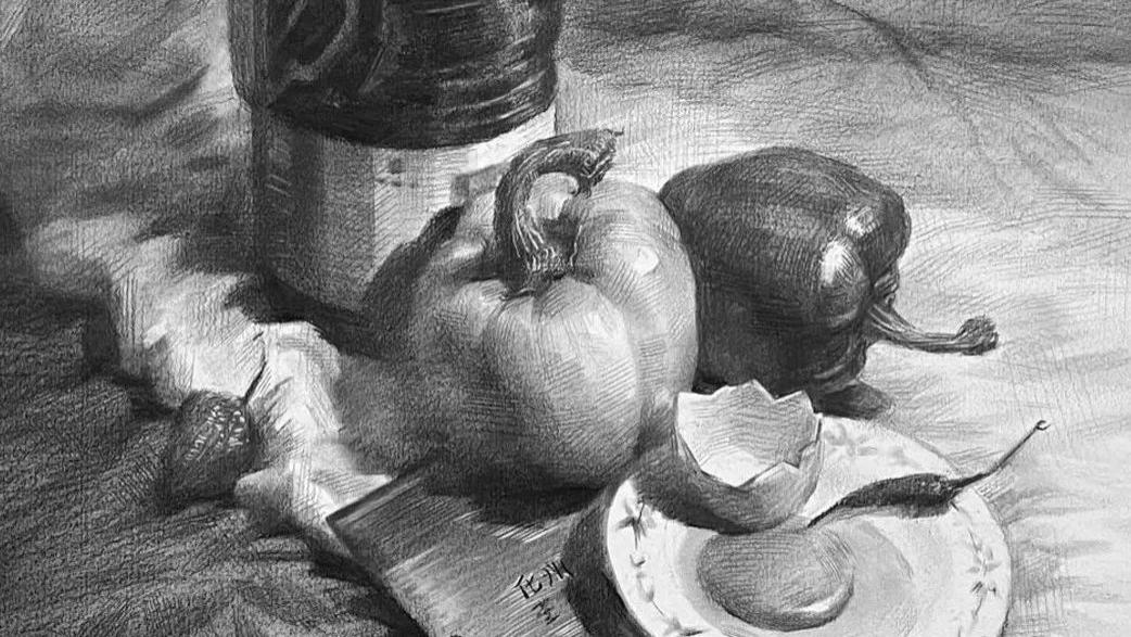 蔬菜类组合静物素描步骤图酱油瓶和菜椒等