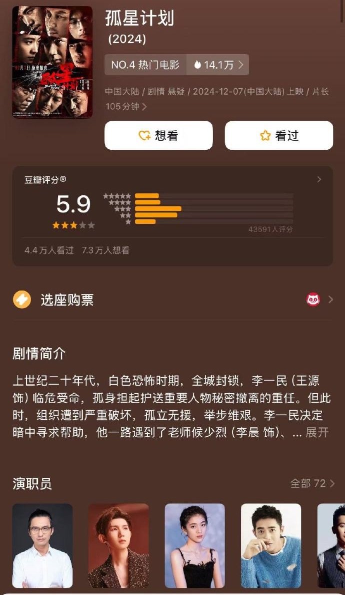 王源主演的电影《孤星计划》豆瓣开分5.9