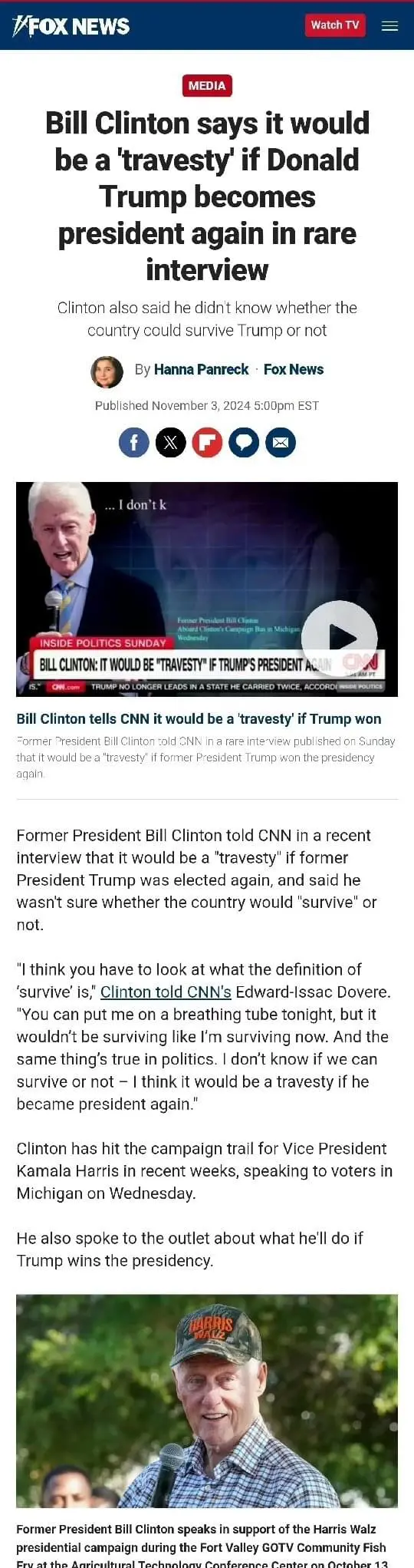 美国前总统克林顿最近在接受 CNN 采访时表示：

“如果特朗普再次当选，那将是