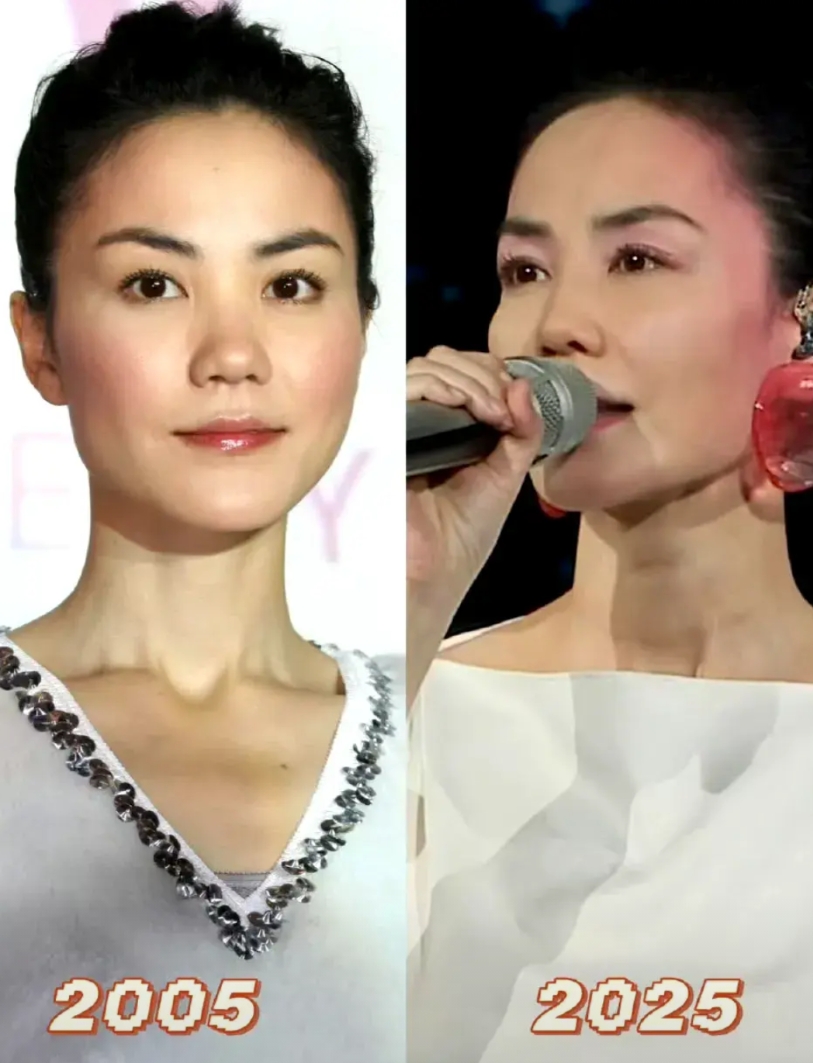 有钱人生活条件好，就显得年轻。下面照片是歌坛一姐王菲，2005年和2025年照片