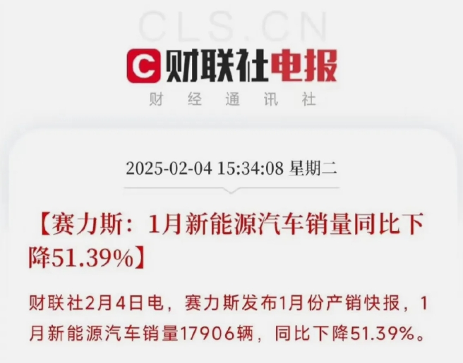 
赛力斯发布公告说，今年1月份，新能源汽车总共卖出17906辆，同比下滑51.3