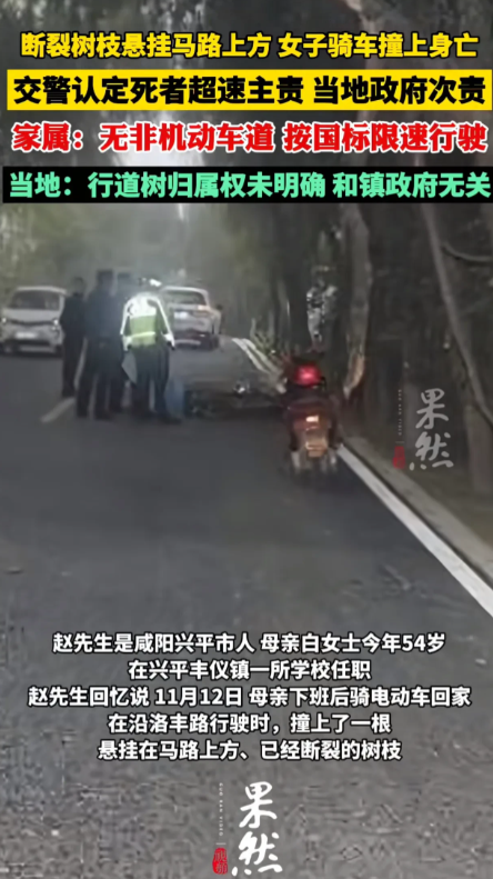 陕西兴平，5旬大妈戴着头盔骑电动车回家时，因撞上悬挂马路上方的断裂树枝导致当场死